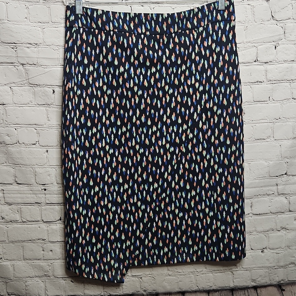 Anthropologie Maeve Debra Faux Wrap Knit Pencil Skirt Navy Orange Size 14